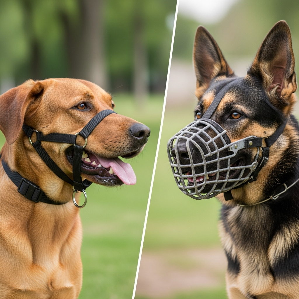 A split image showing a dog with a head halter on one side and a dog with a basket muzzle on the other.